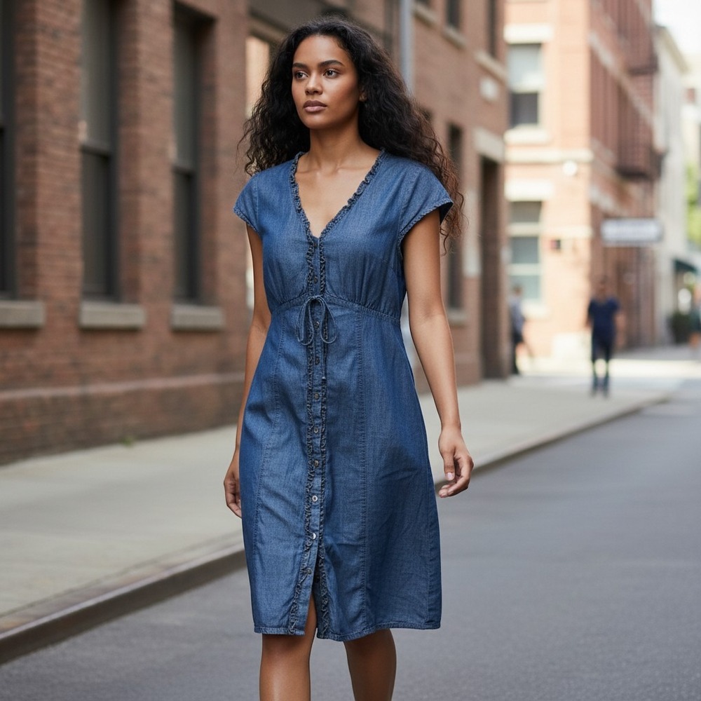 Vtg Faded Glory Denim Dress Womens XL Babydoll Ruffle Button Front 90s Y2K